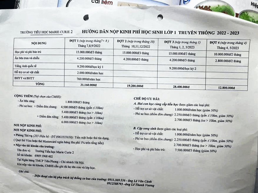 học phí lớp truyền thống trường marie curie