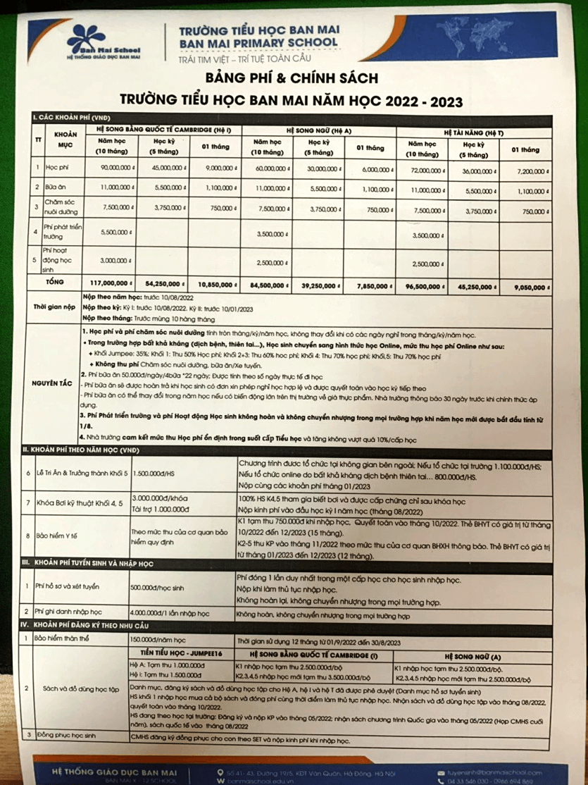 học phí tại ban mai shool