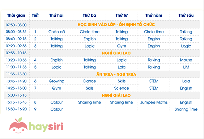 thời khoá biểu lớp tiền tiểu học ban mai