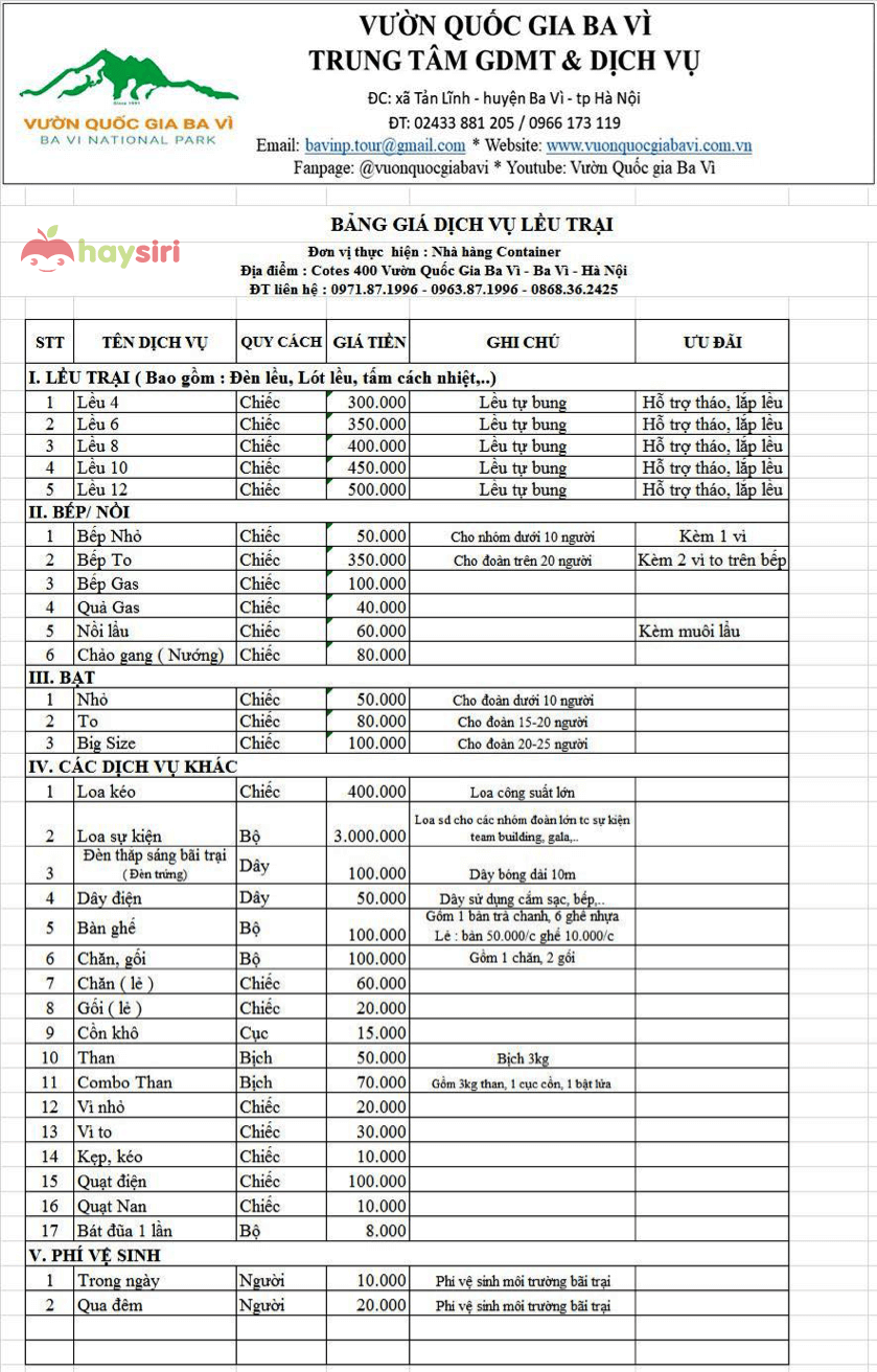 bảng giá dịch vụ vườn quốc gia ba vì