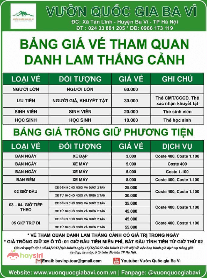 bảng giá vé thăm quan vườn quốc gia ba vì