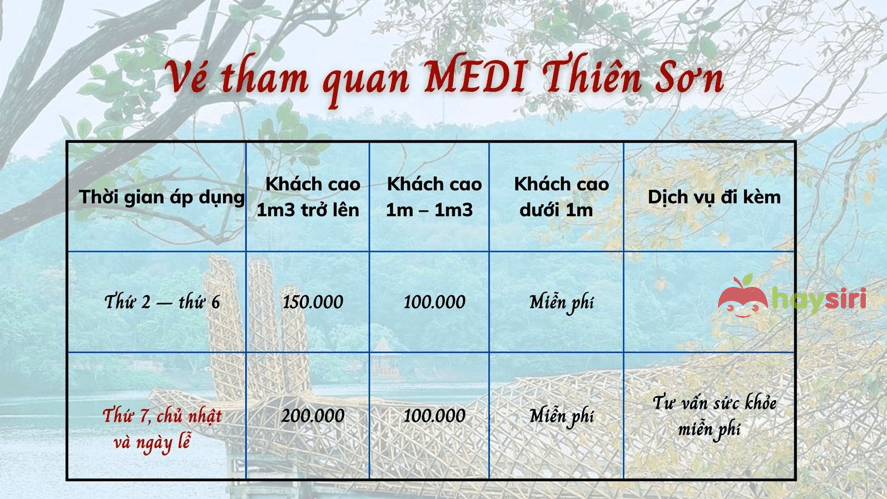 bảng vé vào medi thiên sơn suối ngà