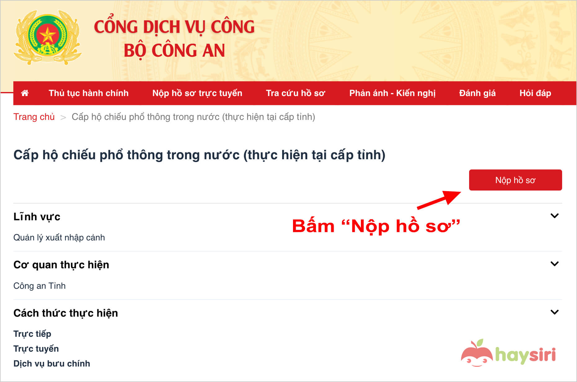 bấm vào nộp hồ sơ