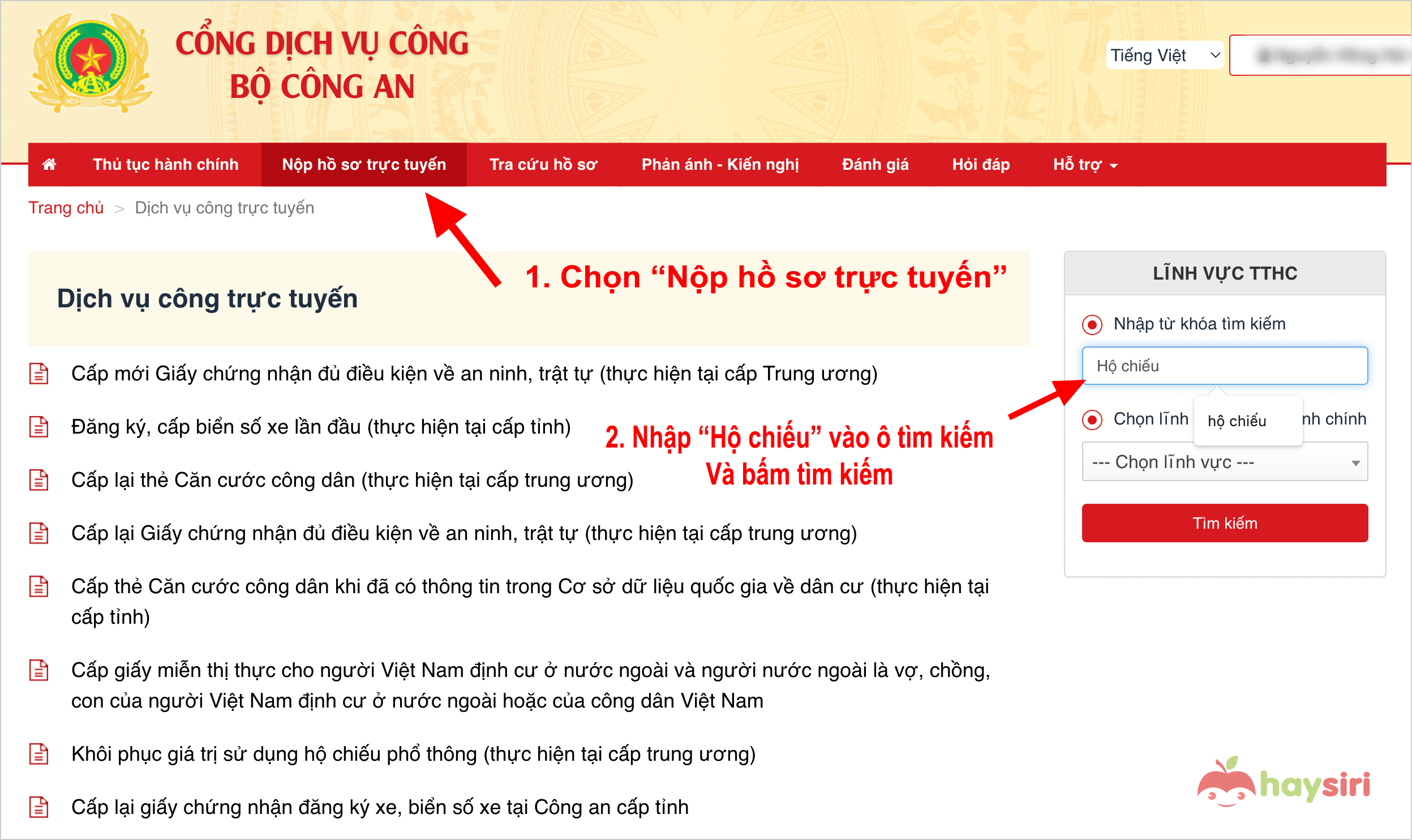 chọn nộp hồ sơ trực tuyến