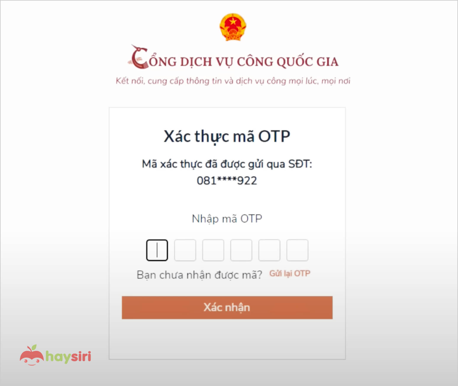 nhập mã xác thực otp gồm 6 chữ số